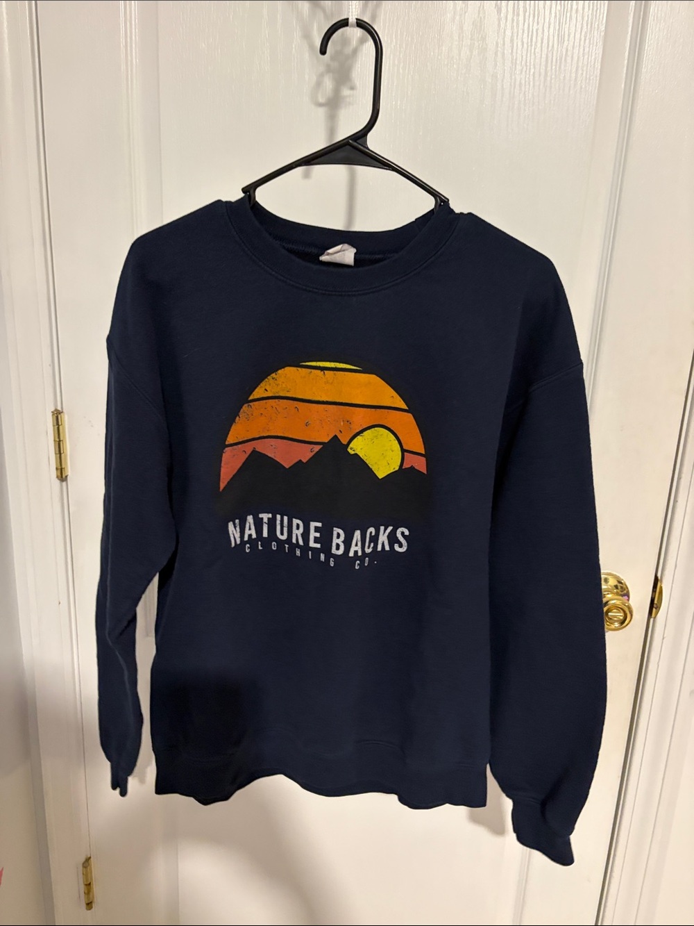 Nature Backs Men's Navy Crewneck Sweatshirt with Sunrise Graphic